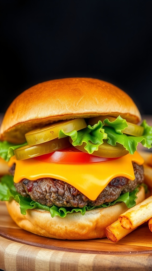 A classic cheeseburger with beef patty, cheddar cheese, lettuce, tomato, and pickles on a toasted bun, served with fries.